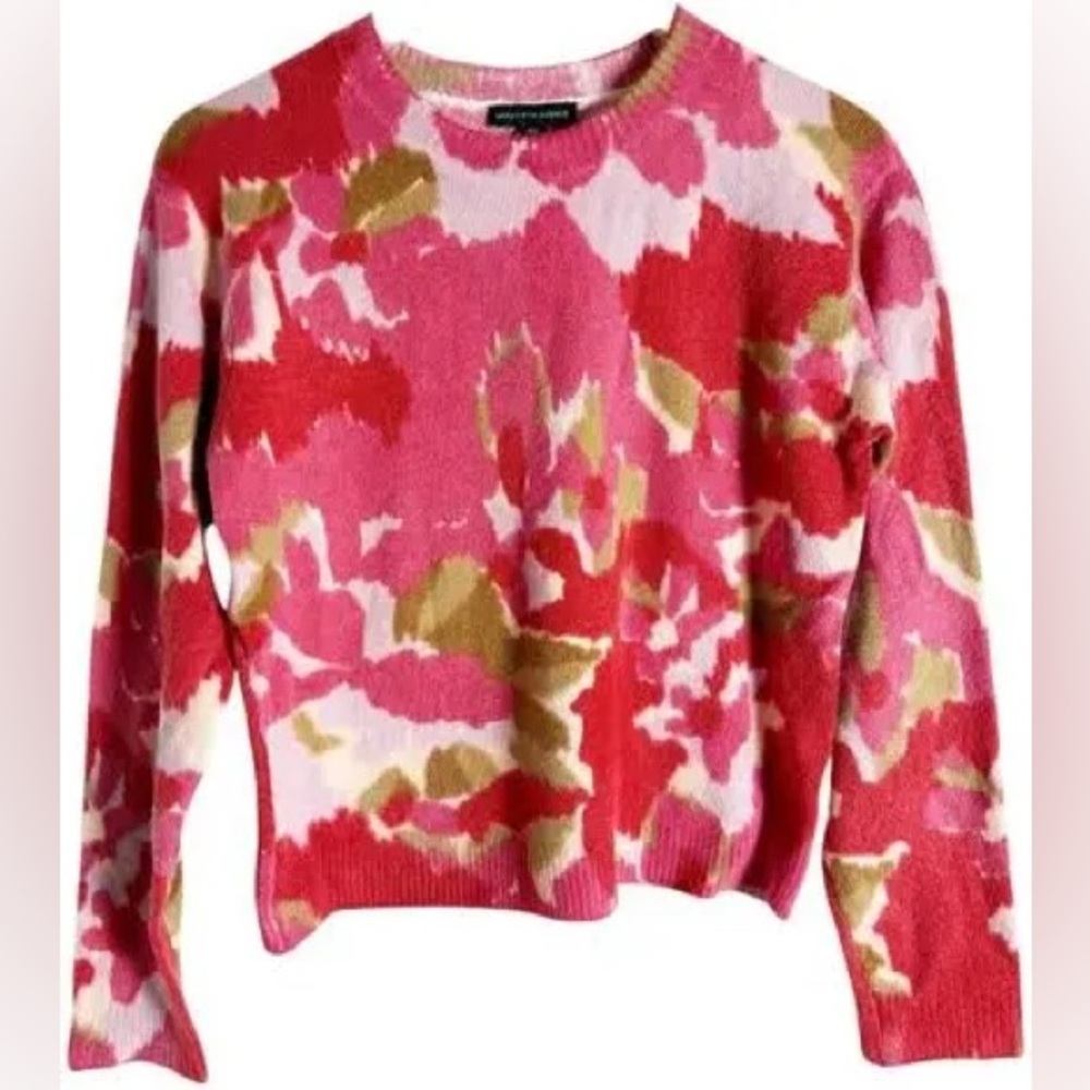 Saks Fifth Avenue Pink and Red Floral Crewneck Long Sleeve Wool Sweater